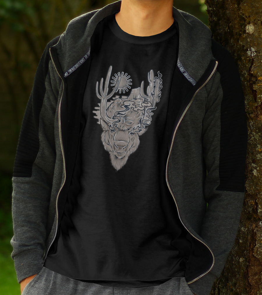 Spirit Of The Land Bison With Cactus And Sun Motif T-Shirt