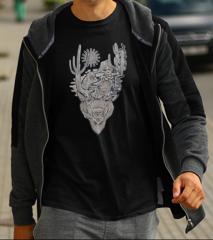 Spirit Of The Land Bison With Cactus And Sun Motif T-Shirt