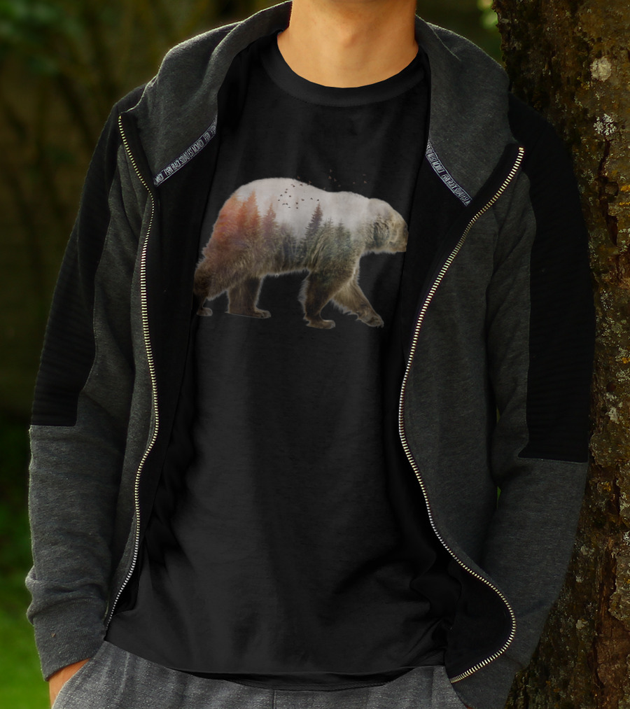 BearOutdoor Nature Forest Silhouette With Birds In Trees T-Shirt