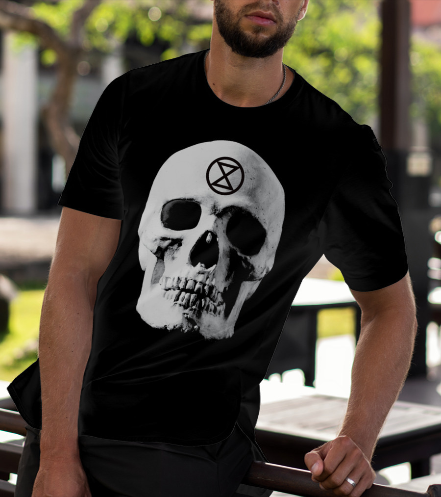 Extinction Rebellion Skull With Hourglass Symbol In Deadly Warning T-Shirt