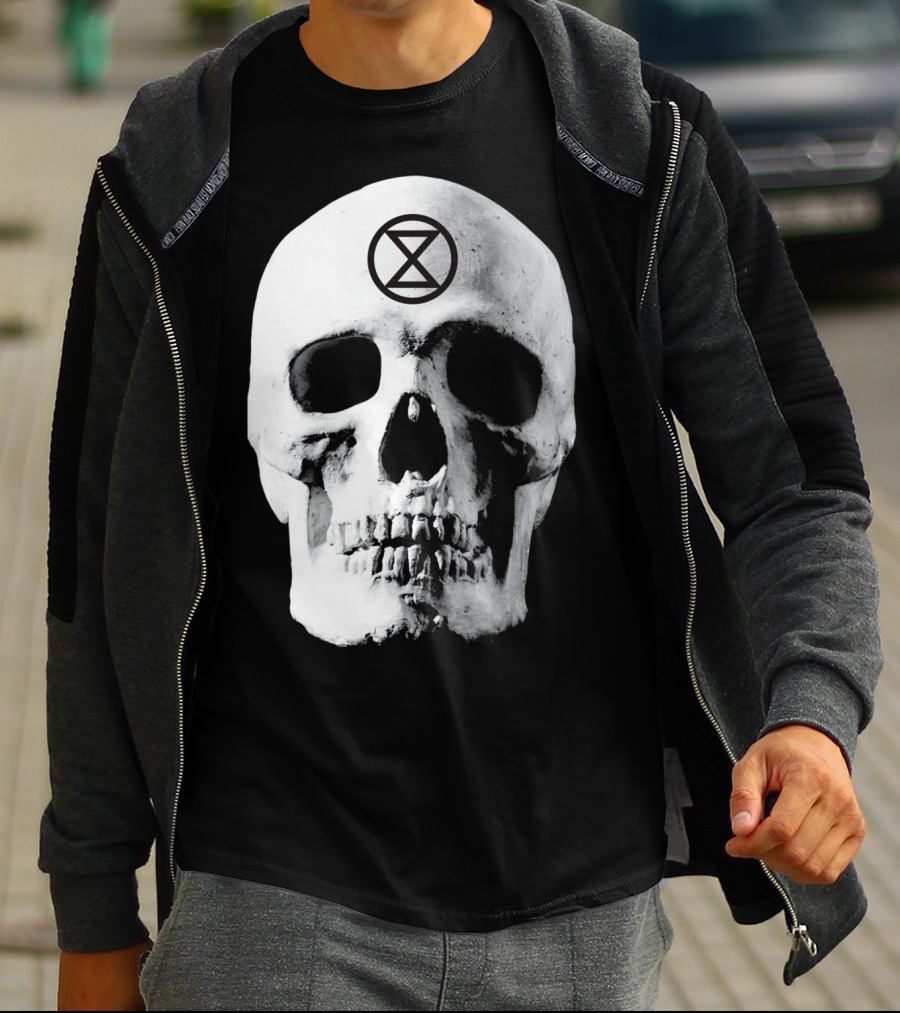 Extinction Rebellion Skull With Hourglass Symbol In Deadly Warning T-Shirt