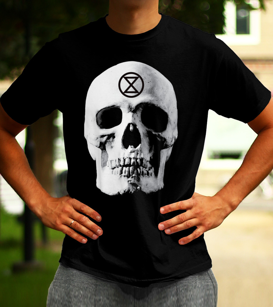 Extinction Rebellion Skull With Hourglass Symbol In Deadly Warning T-Shirt