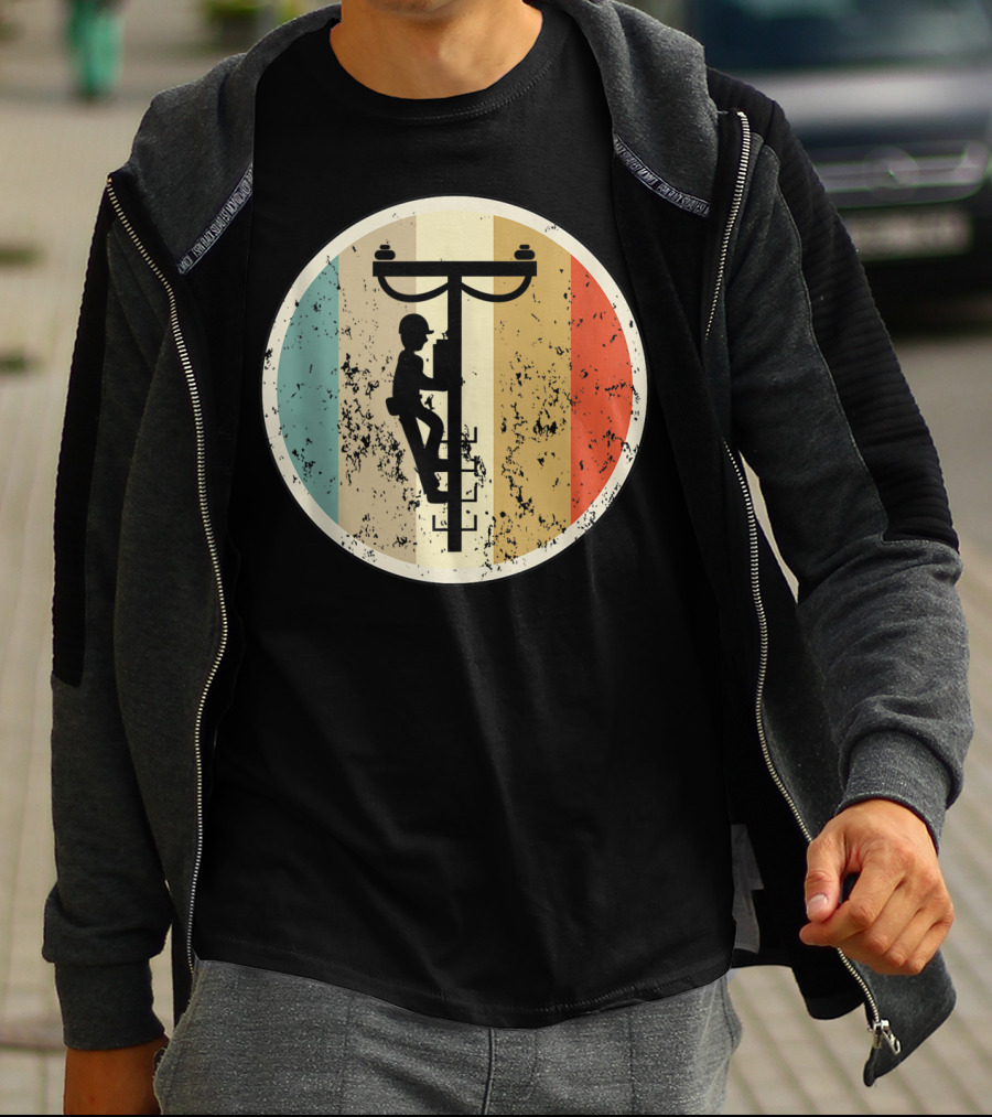 High Voltage Electrician Climbing Power Pole Retro Vintage Electrical T-Shirt