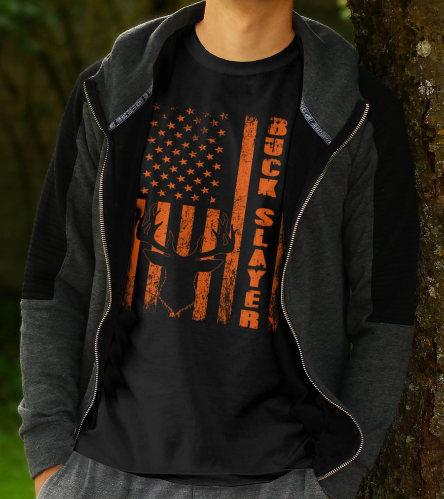 Hunting Blaze Orange Buck Slayer Patriotic Flag Deer T-Shirt