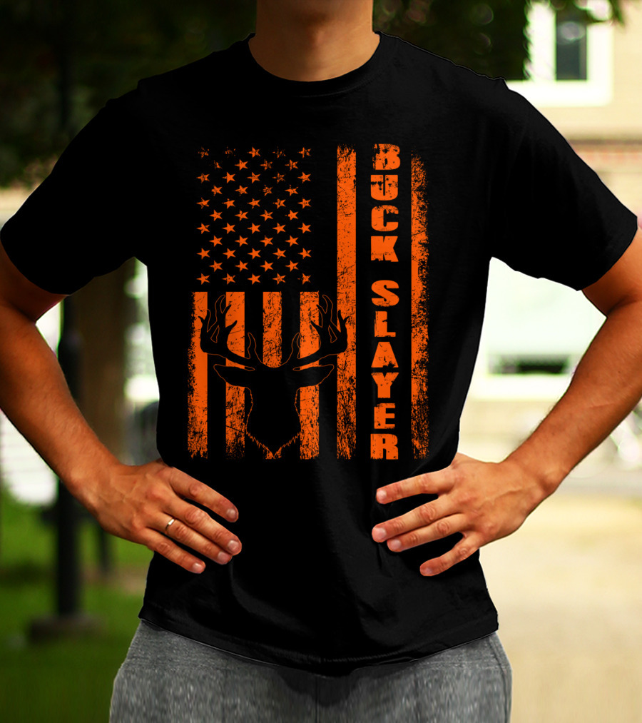 Hunting Blaze Orange Buck Slayer Patriotic Flag Deer T-Shirt