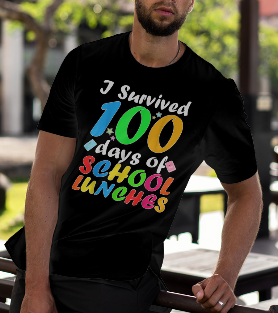I Survived 100 Days Of School Lunches Colorful Stars And Playful Faces T-Shirt