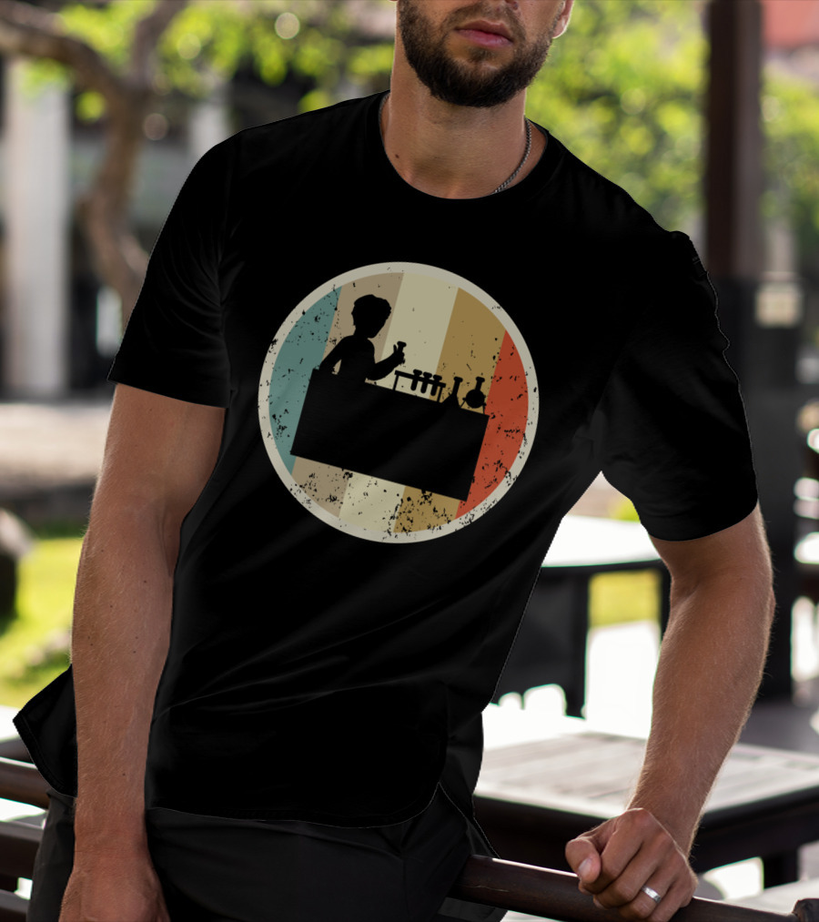 Silhouette Of Laboratory Chemist Technician Science With Retro Stripes T-Shirt