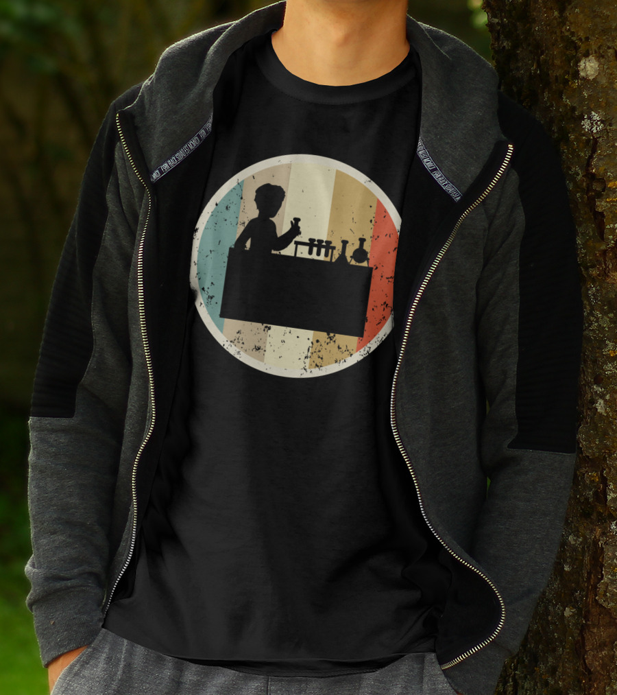 Silhouette Of Laboratory Chemist Technician Science With Retro Stripes T-Shirt