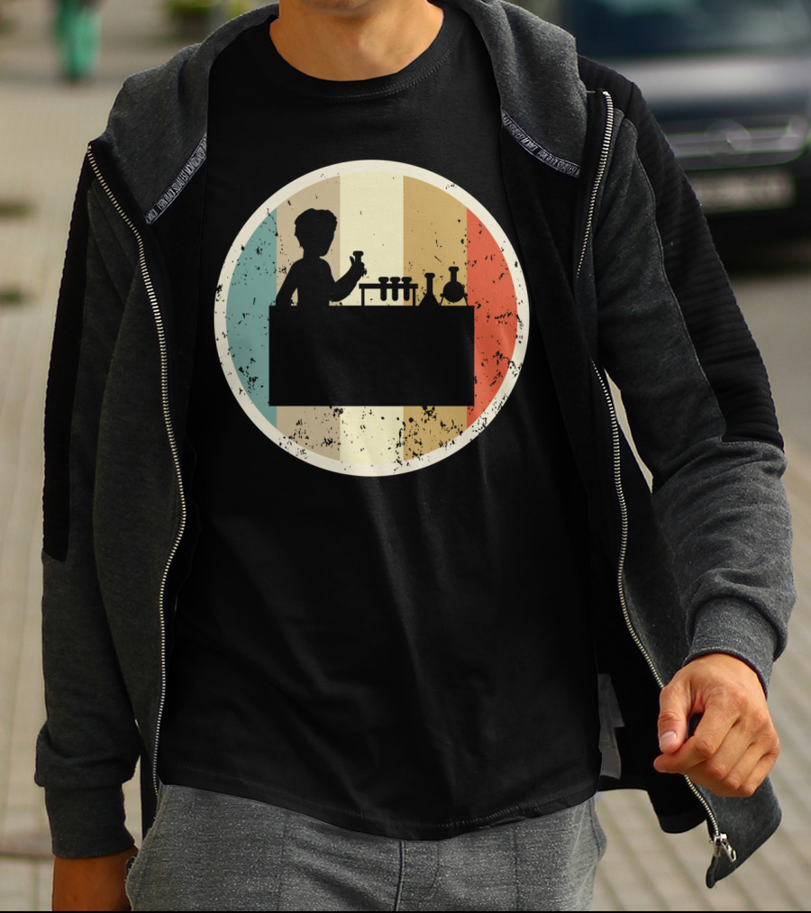 Silhouette Of Laboratory Chemist Technician Science With Retro Stripes T-Shirt