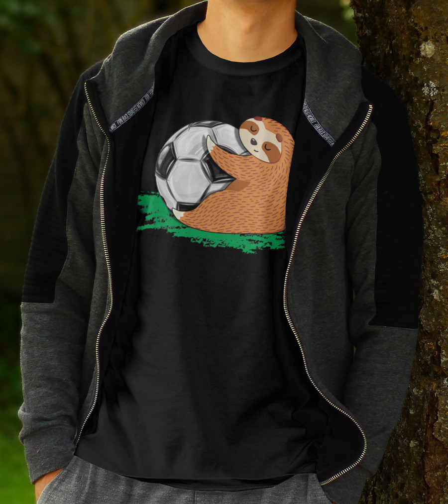 Lazy Sloth Soccer Lover Team Ball Sport Hugging Giant Soccer Ball T-Shirt