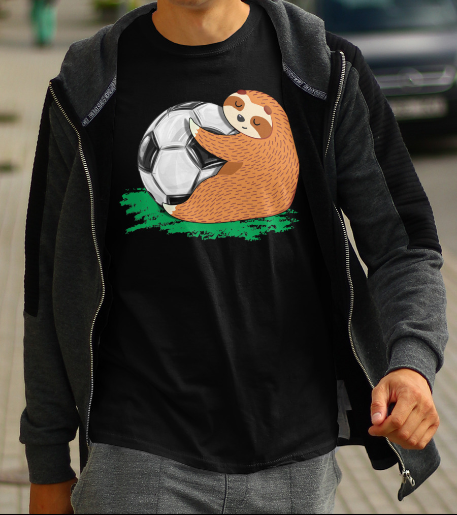 Lazy Sloth Soccer Lover Team Ball Sport Hugging Giant Soccer Ball T-Shirt