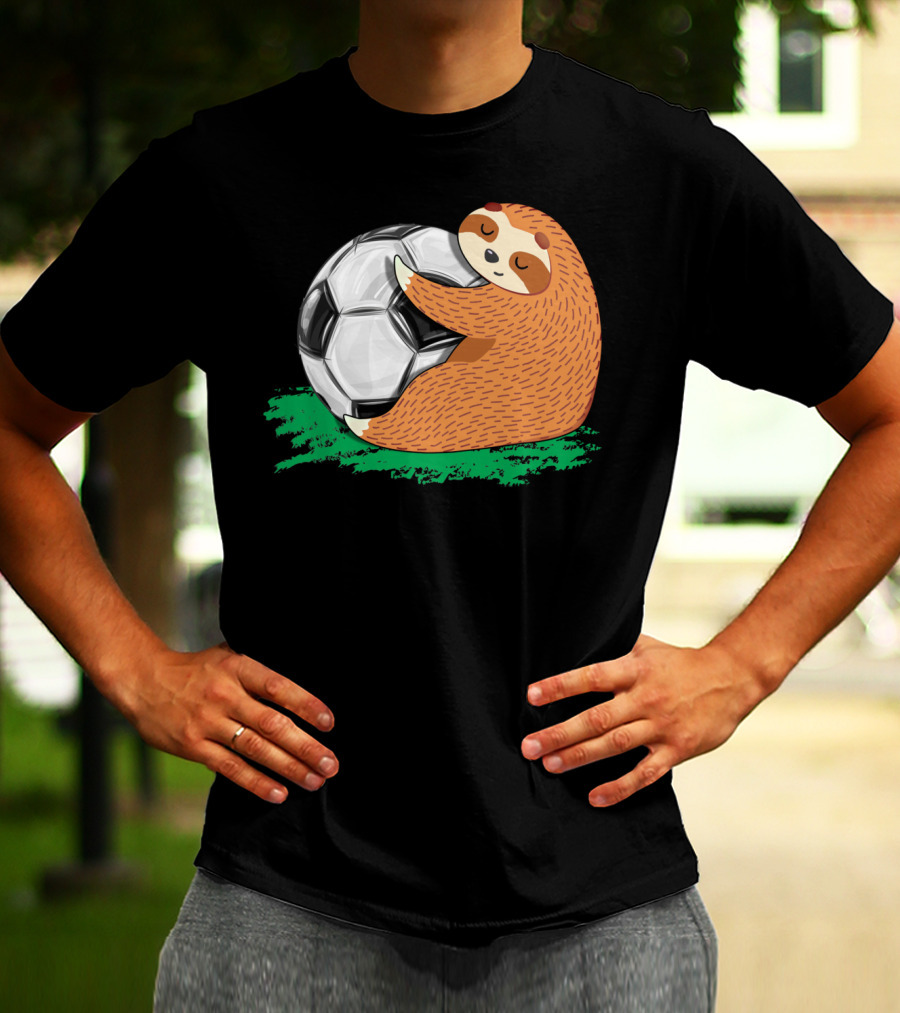 Lazy Sloth Soccer Lover Team Ball Sport Hugging Giant Soccer Ball T-Shirt