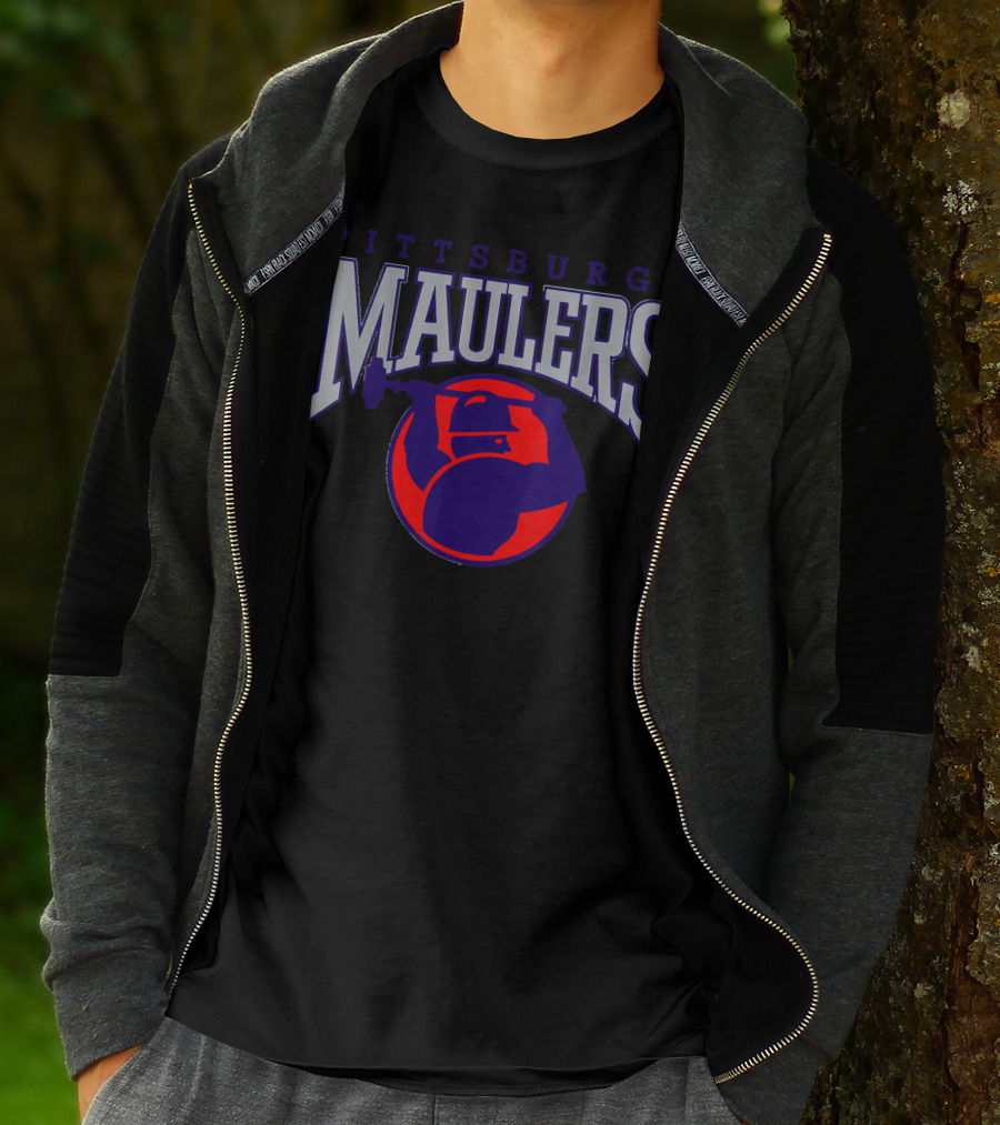 Pittsburgh Maulers Football Team Logo With Hammer Icon In Blue And Red T-Shirt
