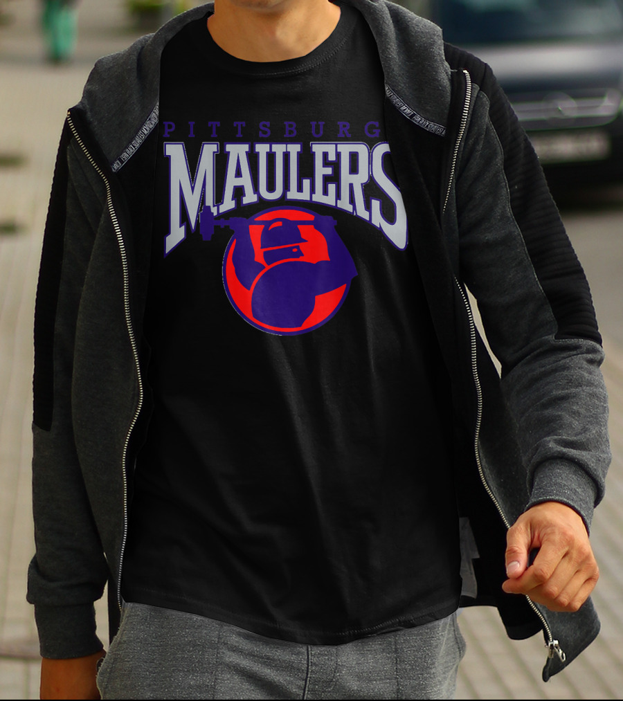 Pittsburgh Maulers Football Team Logo With Hammer Icon In Blue And Red T-Shirt