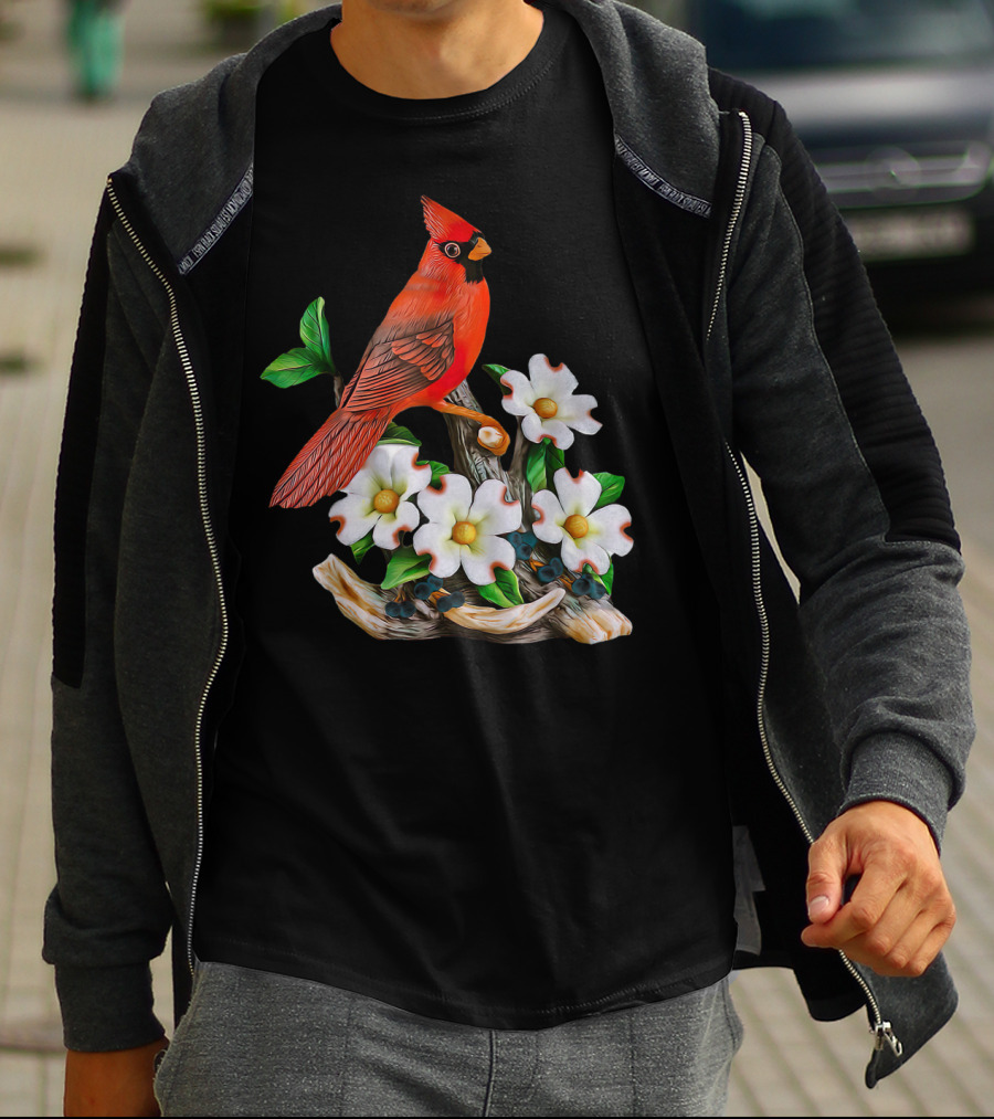 Red Cardinal Birds With White Flowering Blossoms T-Shirt