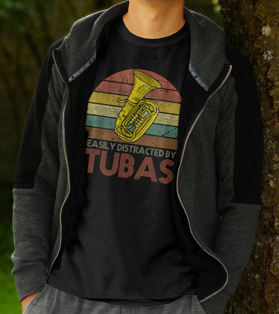 Retro Vintage Easily Distracted By Tubas Lover Musical Instrument Enthusiast T-Shirt
