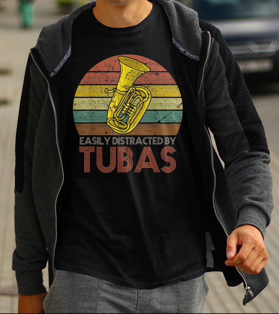 Retro Vintage Easily Distracted By Tubas Lover Musical Instrument Enthusiast T-Shirt