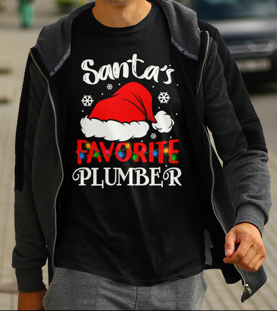 Santa's Favorite Plumber Christmas Hat Snowflakes Lights T-Shirt