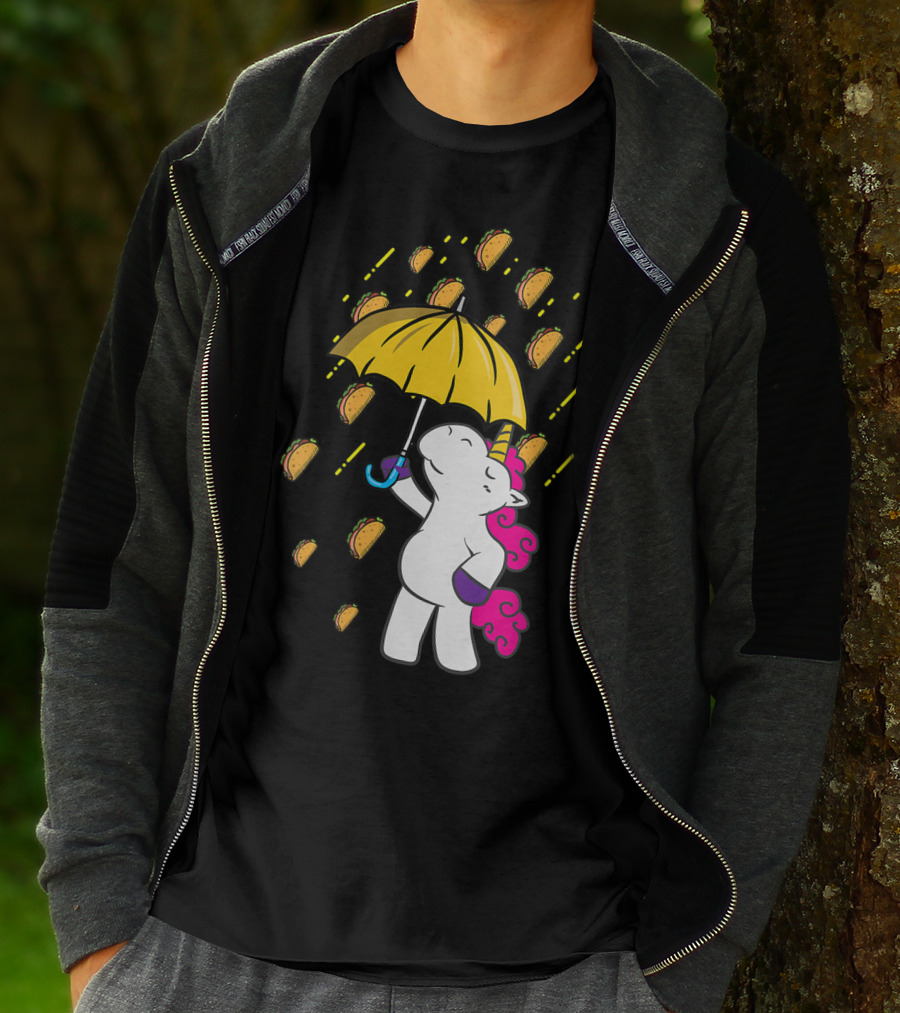 Its Raining Tacos Funny Unicorn Holding Yellow Umbrella T-Shirt