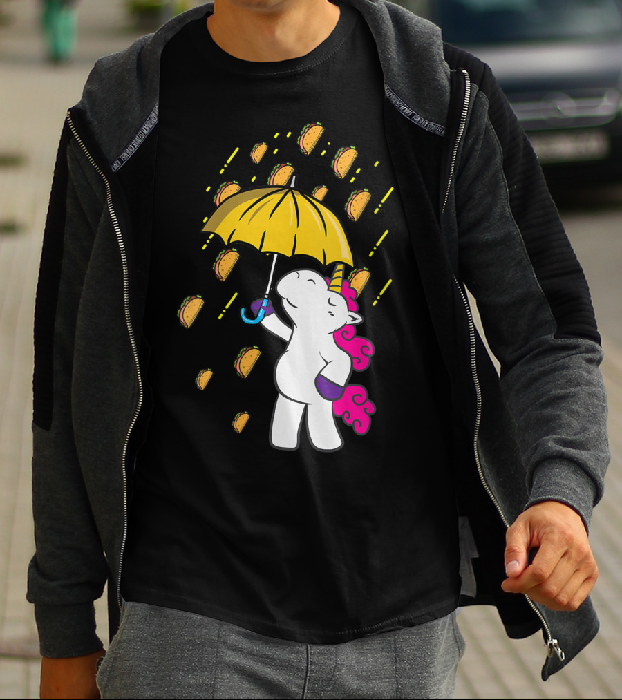 Its Raining Tacos Funny Unicorn Holding Yellow Umbrella T-Shirt