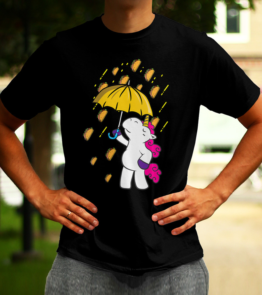 Its Raining Tacos Funny Unicorn Holding Yellow Umbrella T-Shirt