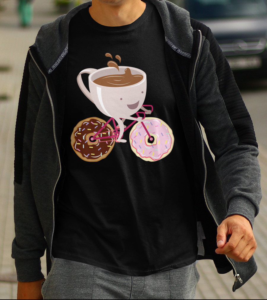 Coffee Cup Riding Bicycle With Donut Wheels Hand Drawn T-Shirt