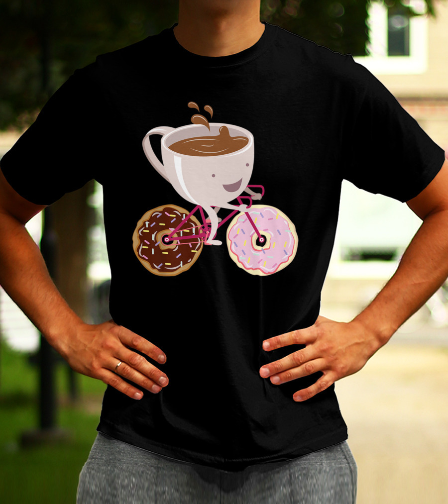 Coffee Cup Riding Bicycle With Donut Wheels Hand Drawn T-Shirt