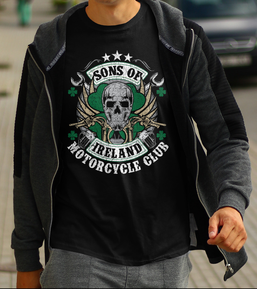 Sons Of Ireland Motorcycle Club Skull Shamrock Wings Biker T-Shirt