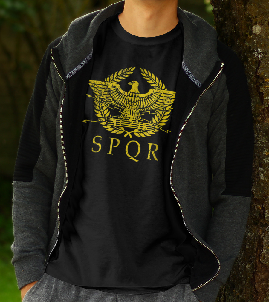 SPQR Distressed Ancient Rome Gold Eagle Laurel Emblem T-Shirt