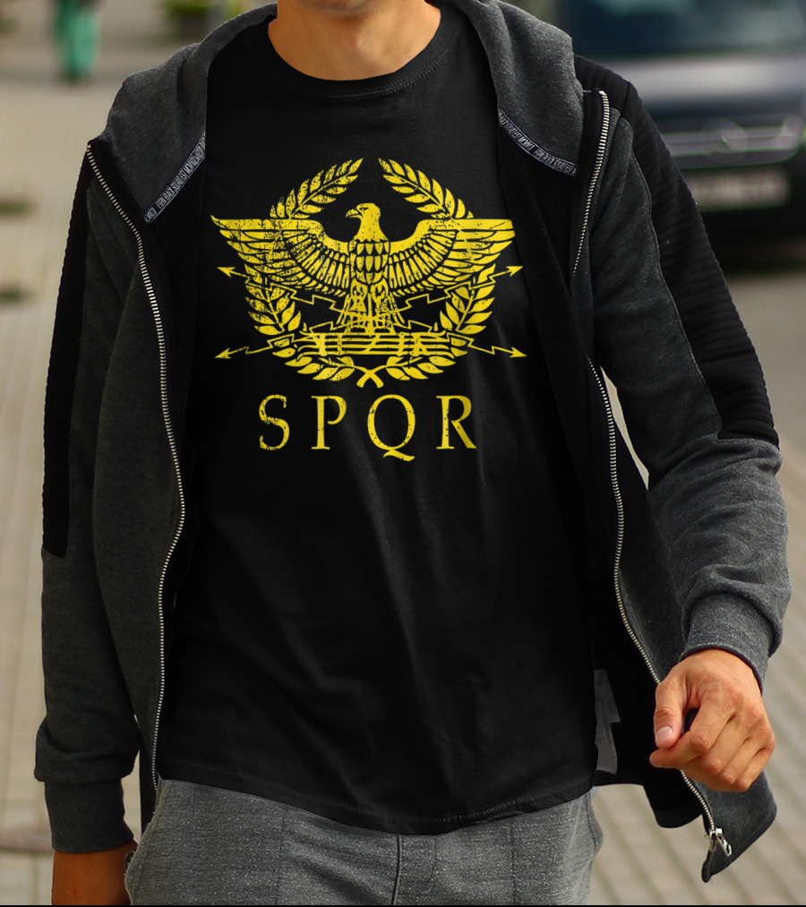 SPQR Distressed Ancient Rome Gold Eagle Laurel Emblem T-Shirt
