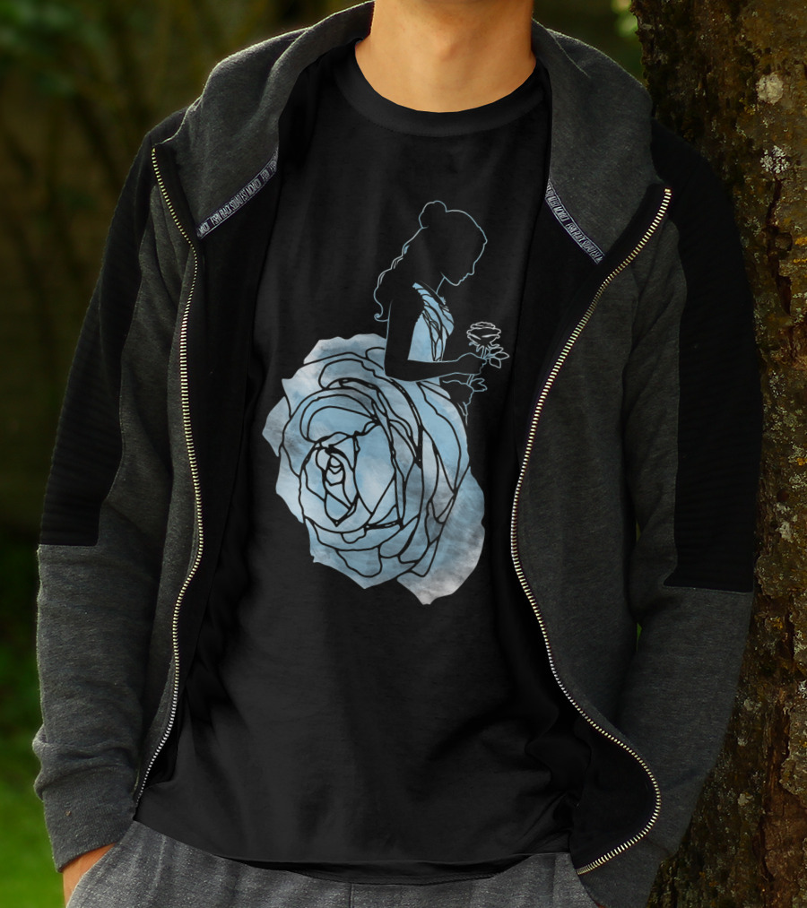 Disney Beauty And The Beast Belle Silhouette Blue Rose Dress T-Shirt