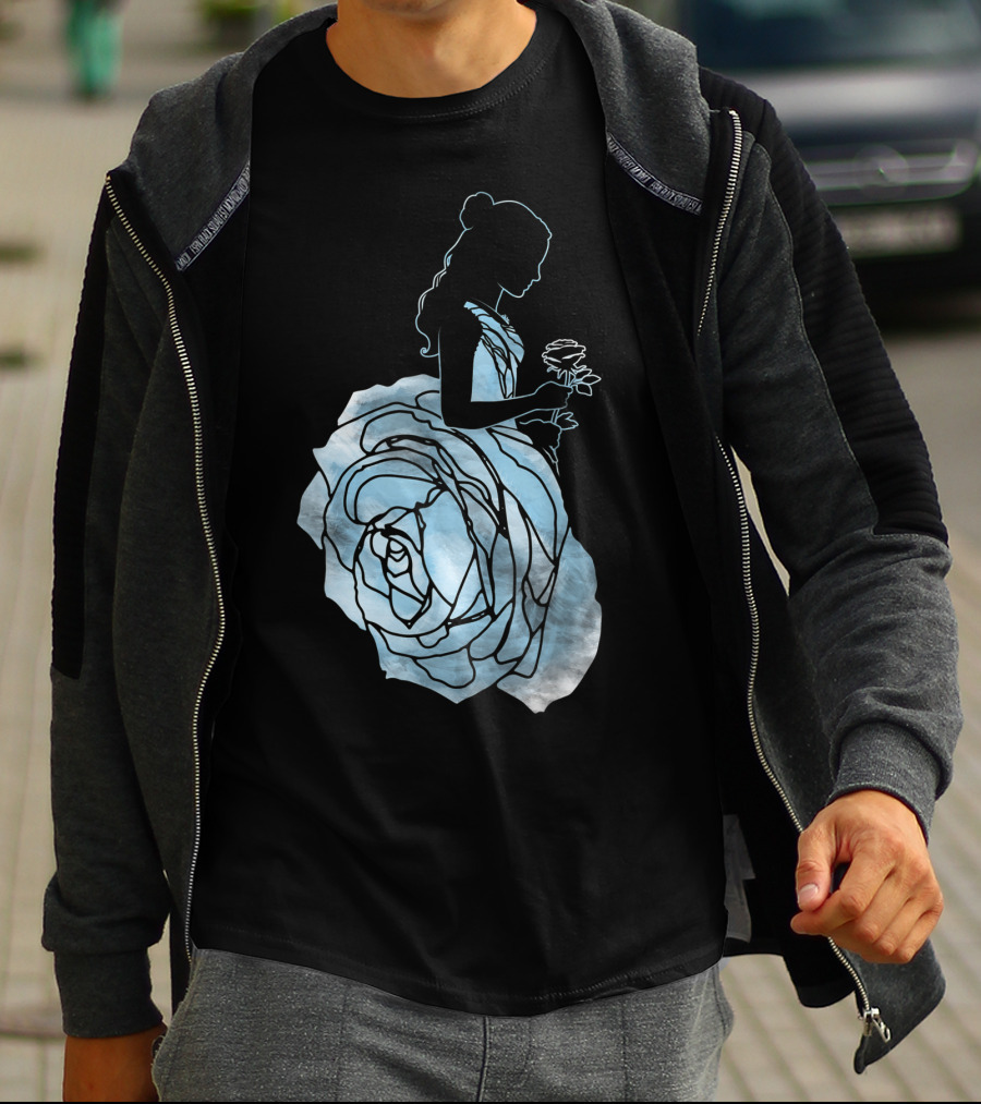 Disney Beauty And The Beast Belle Silhouette Blue Rose Dress T-Shirt