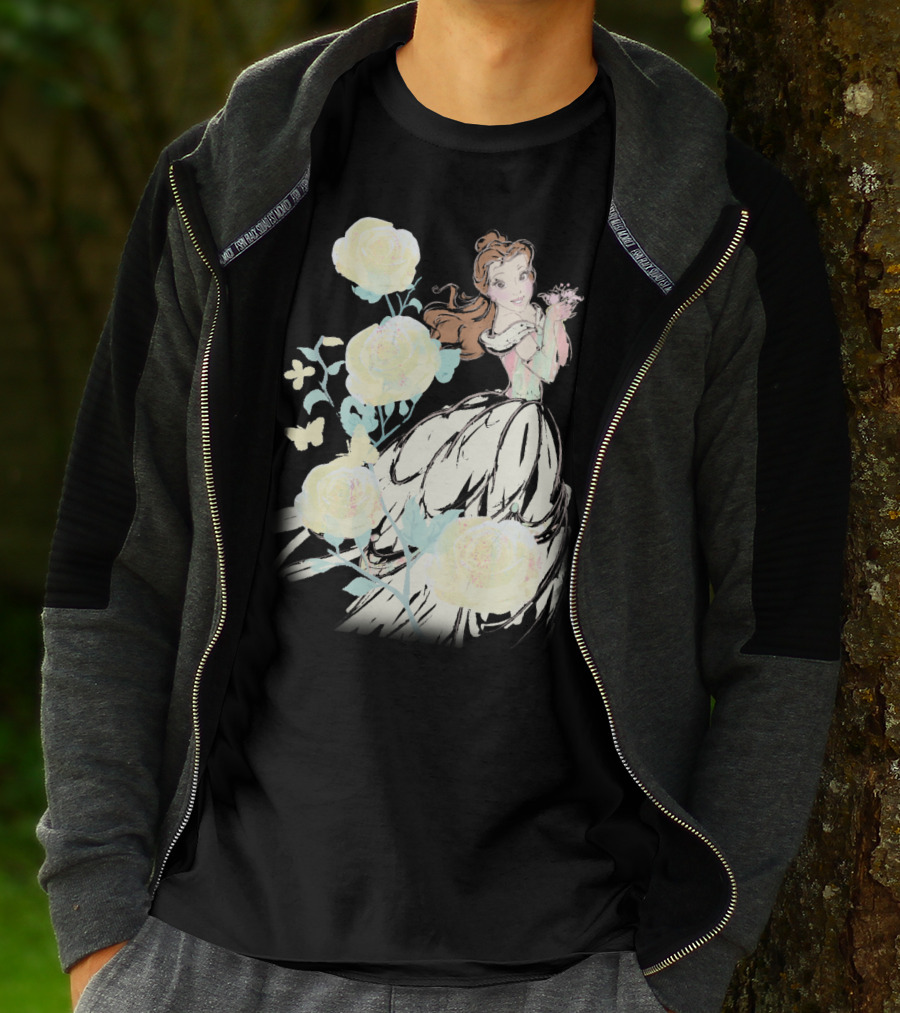 Disney Beauty The Beast Belle Yellow Watercolor Rose Butterfly T-Shirt