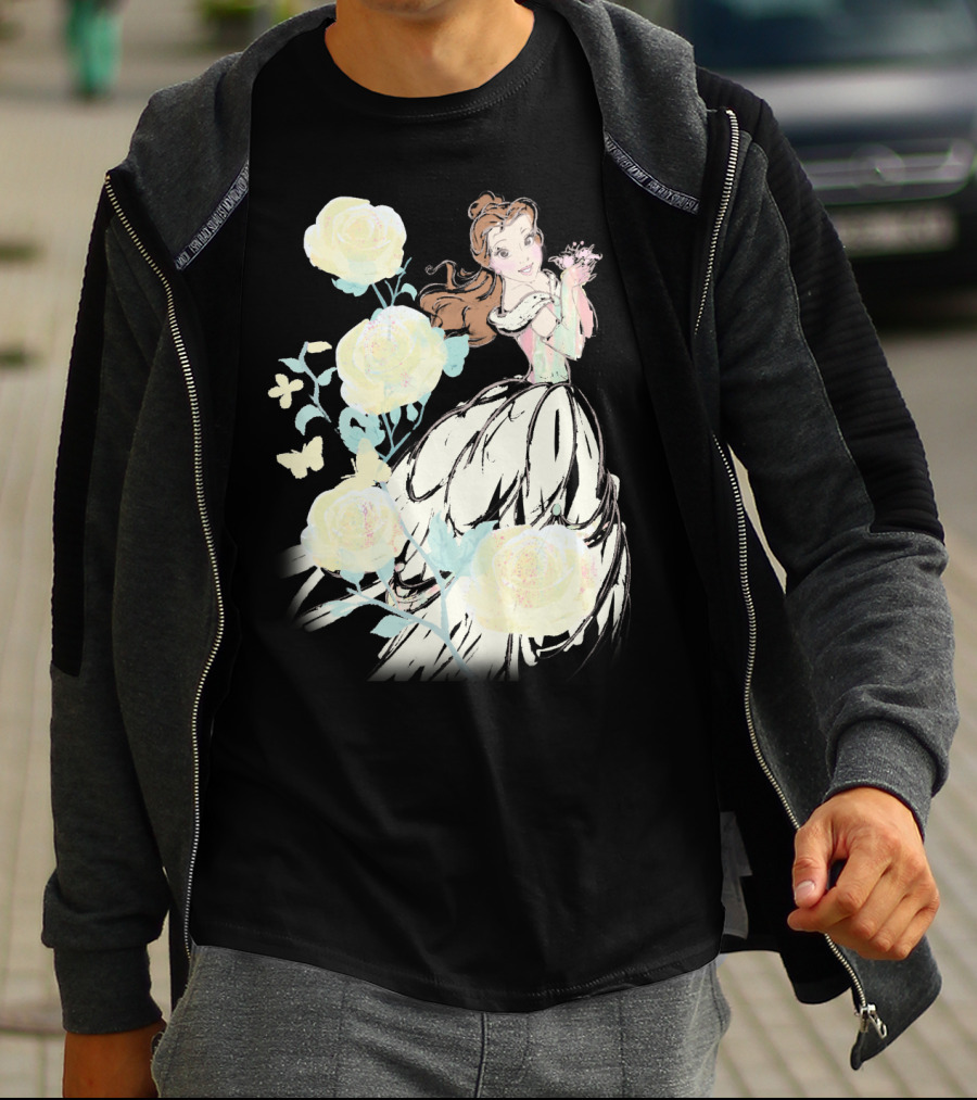 Disney Beauty The Beast Belle Yellow Watercolor Rose Butterfly T-Shirt