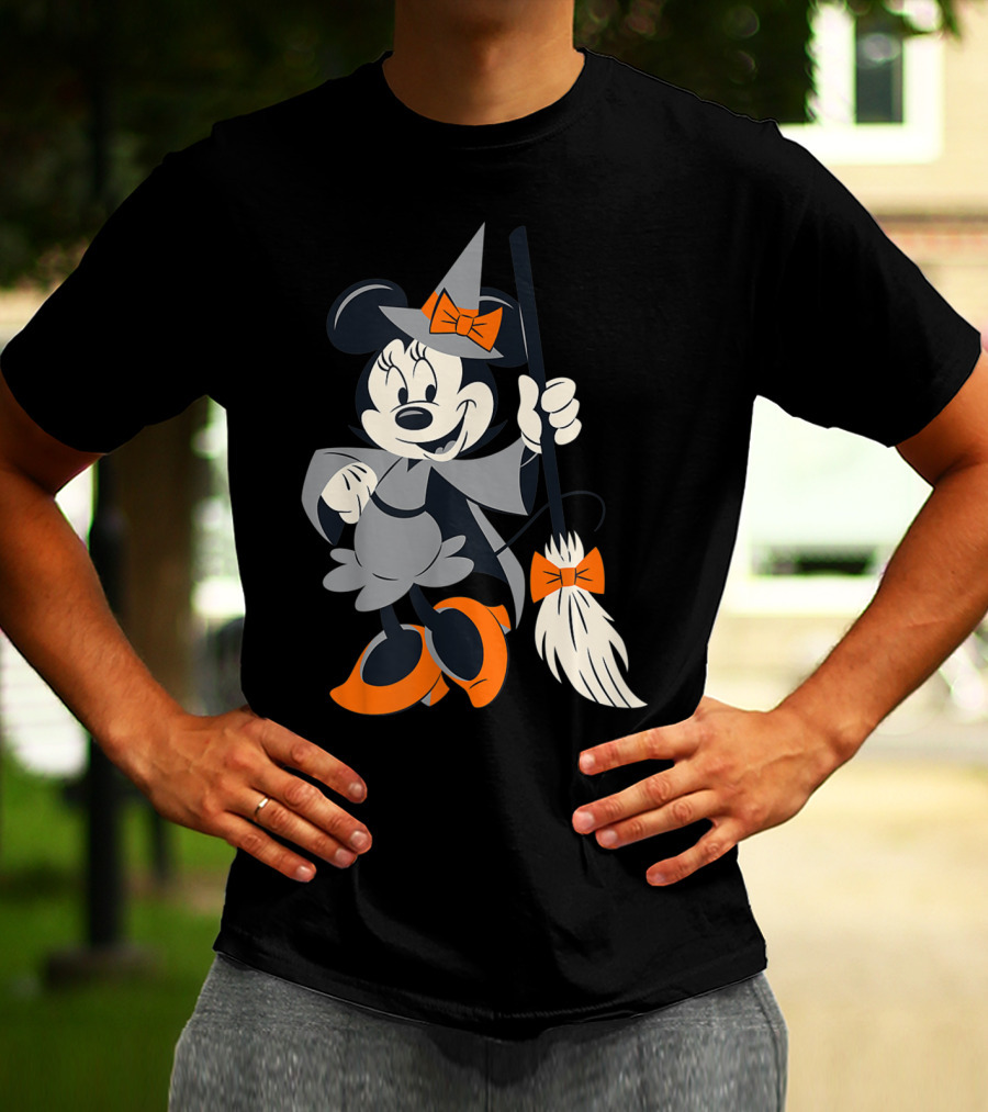 Disney Halloween Minnie Mouse Witch Costume Broomstick Orange Bows T-Shirt