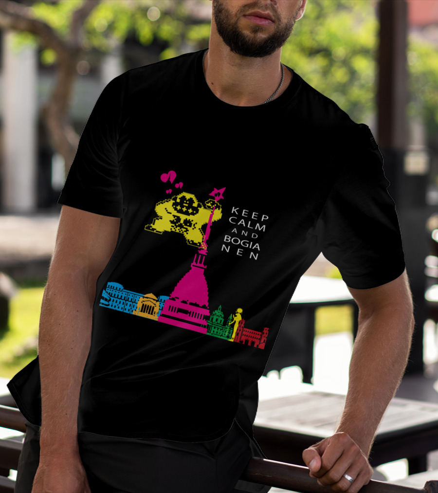 Keep Calm And Bogia Nen Pixel Art With Colorful Cityscape T-Shirt