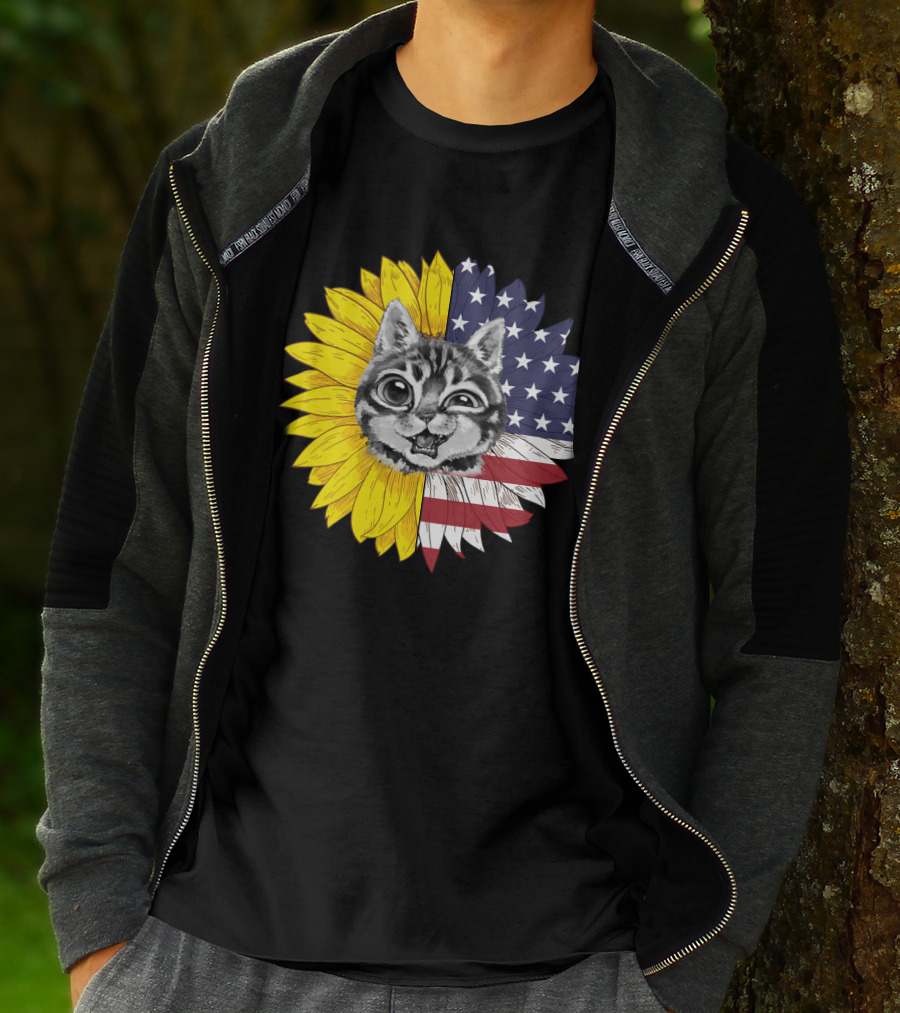 CAT LOVERS Sunflower American Flag Winking Cat T-Shirt