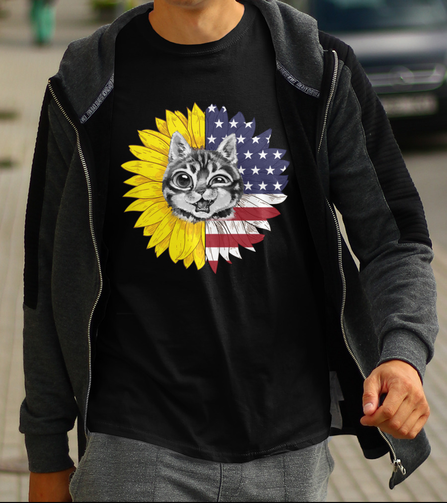 CAT LOVERS Sunflower American Flag Winking Cat T-Shirt