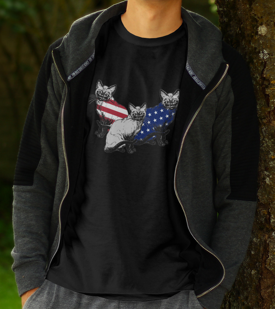 Siamese Cats American Flag July Independence Day T-Shirt
