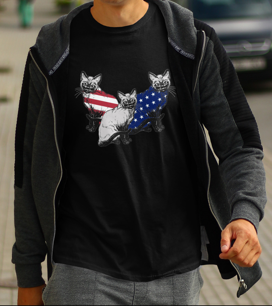 Siamese Cats American Flag July Independence Day T-Shirt