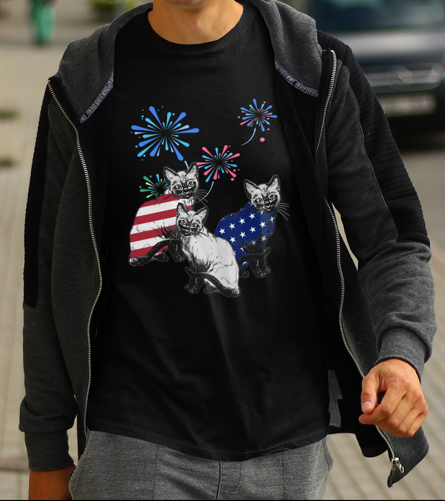 SiameseJuly Cats With Fireworks And American Flag T-Shirt