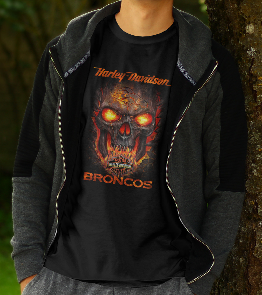Harley Davidson Denver Broncos Motorcycles Fiery Skull T-Shirt