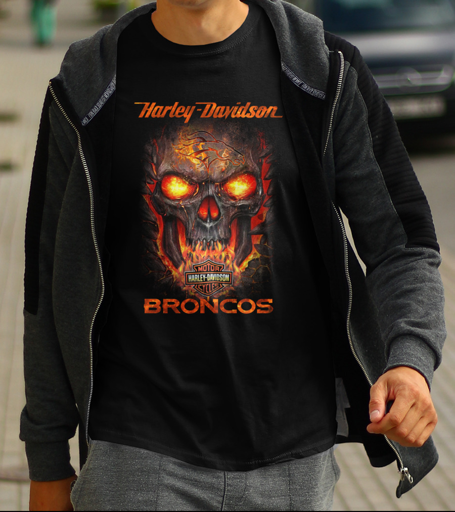 Harley Davidson Denver Broncos Motorcycles Fiery Skull T-Shirt