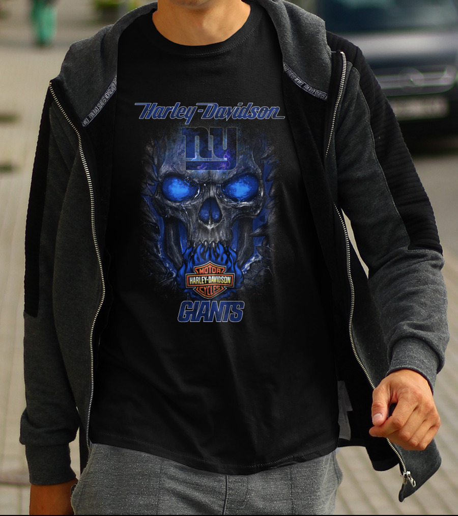Harley Davidson New York Giants Skull And Motor Cycles T-Shirt
