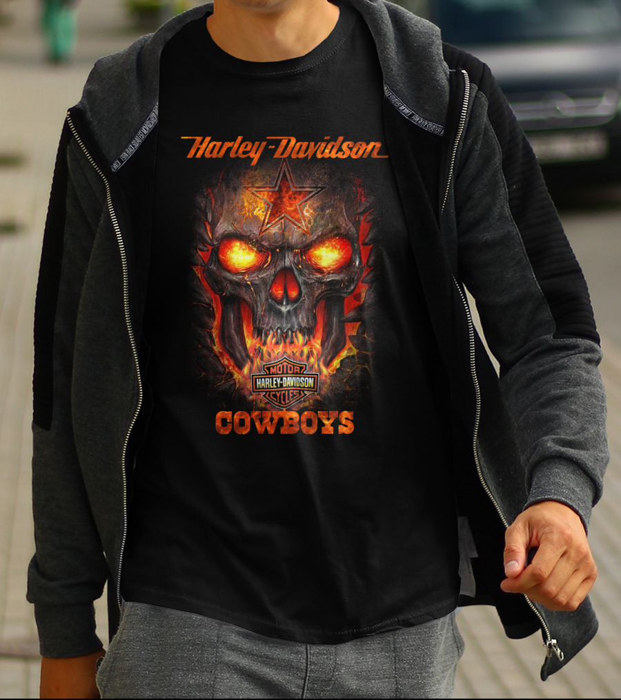 Harley Davidson Cowboys Skull With Star Emblem Flames T-Shirt