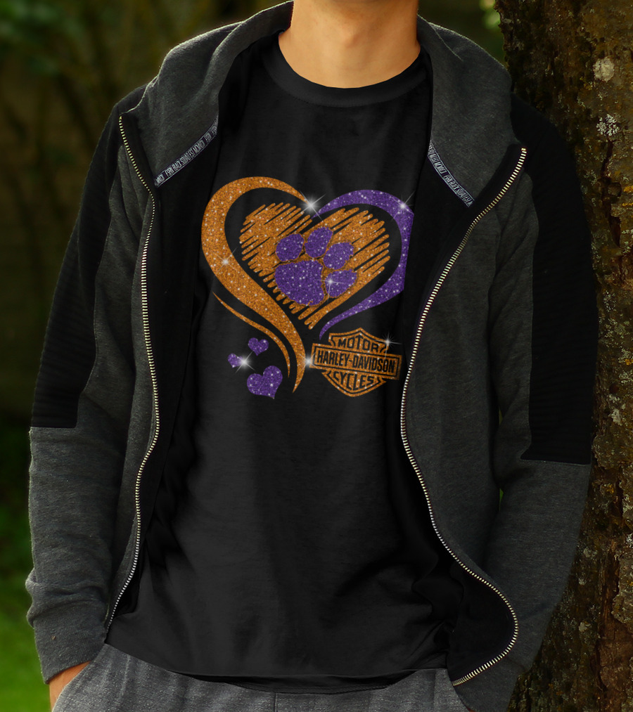 Clemson Tigers Purple Paw Heart Harley Davidson T-Shirt
