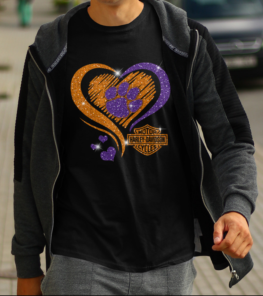 Clemson Tigers Purple Paw Heart Harley Davidson T-Shirt