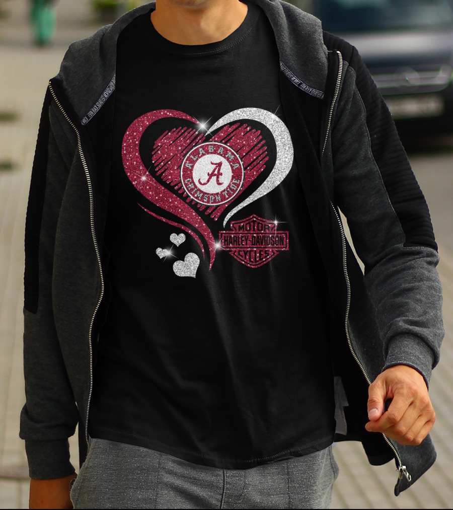 Alabama Crimson Tide Harley Davidson Heart Glitter T-Shirt