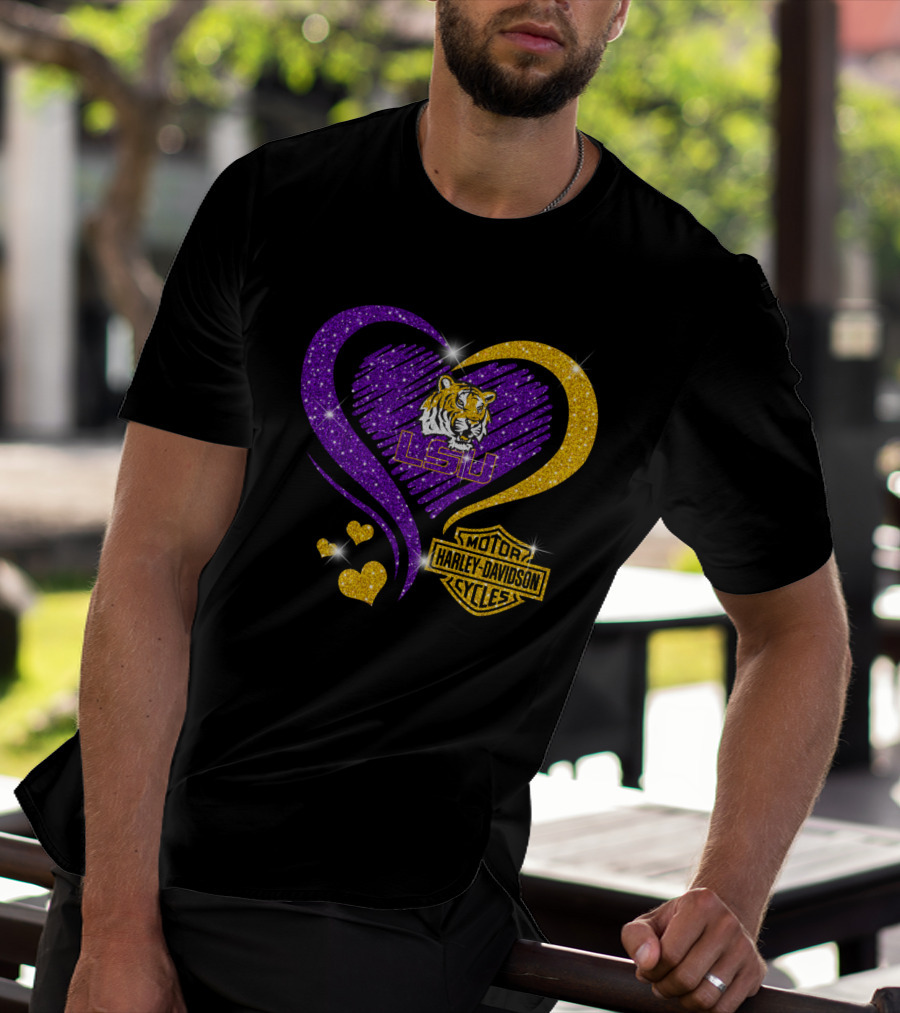 Hd Ncaa Lsu Tigers Heart Harley Davidson Motorcycle Cycles T-Shirt