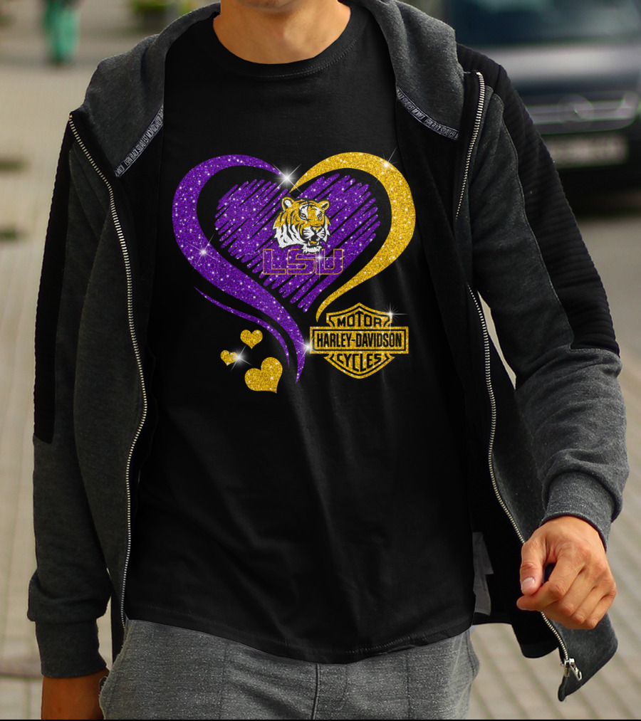 Hd Ncaa Lsu Tigers Heart Harley Davidson Motorcycle Cycles T-Shirt